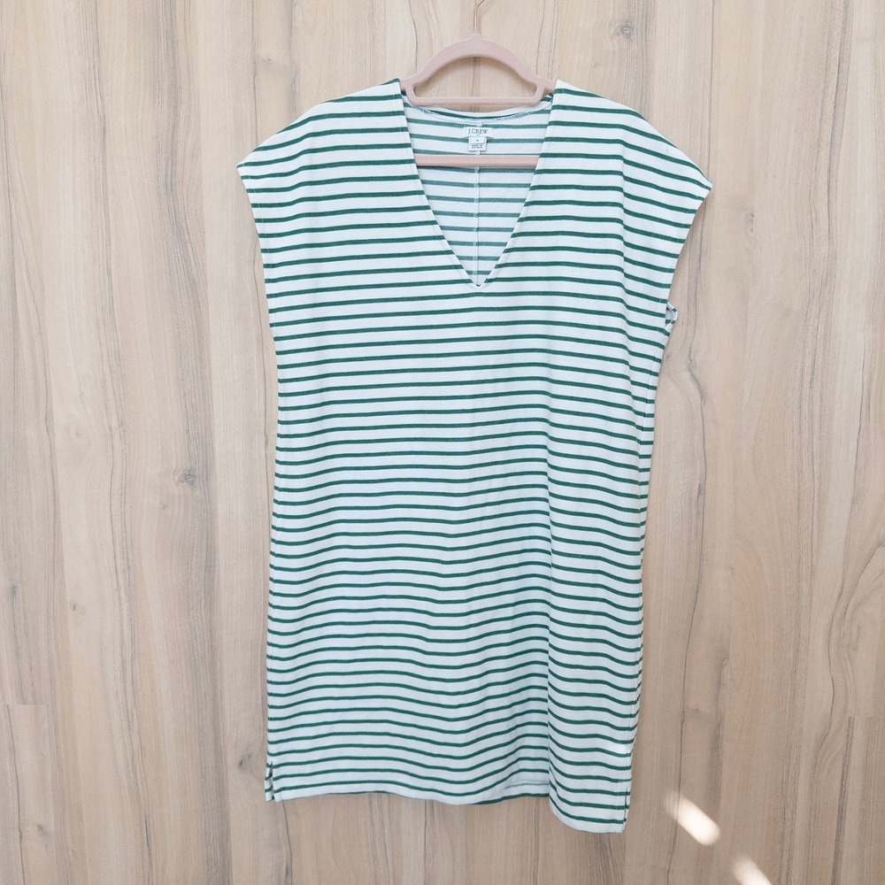 J.Crew Striped Shift Mini Dress M Green V-Neck Sleeveless Pique Preppy Casual